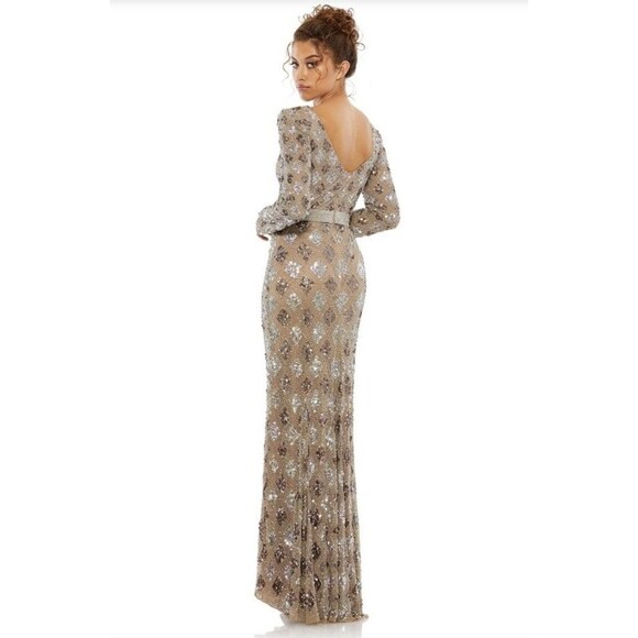NWT MAC DUGGAL LATTICE SEQUINED LS EVENING GOWN 5021 S 16 MOCHA $598 - Picture 1 of 5